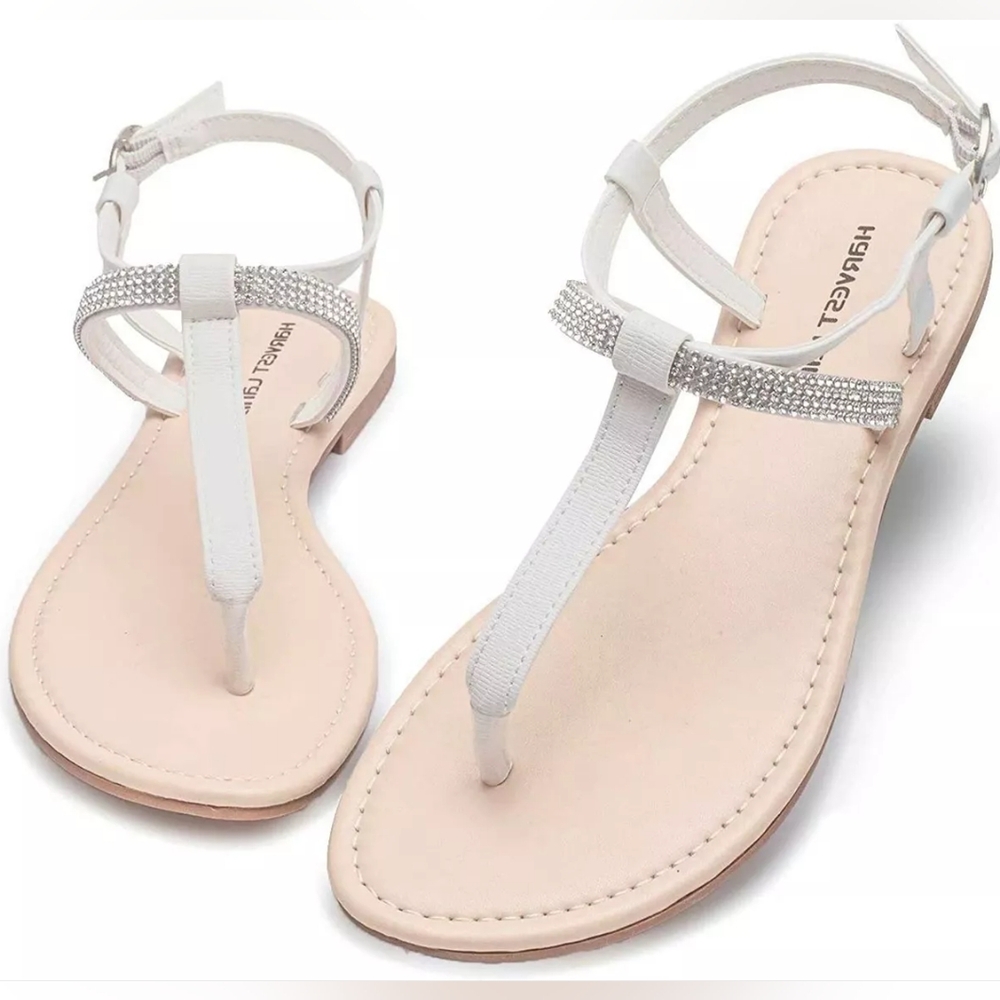 Harvest Land Women's Size 5 Flat Sandals Rhinestone TStrap Thong Ankle Strap NWT